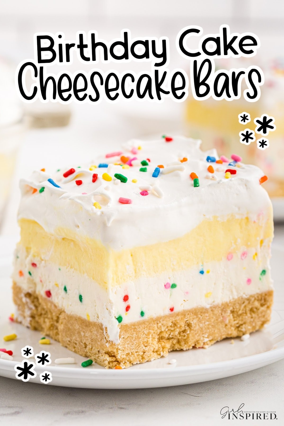 Slice of Birthday Cake Cheesecake bars showing the layers, with text overlay.
