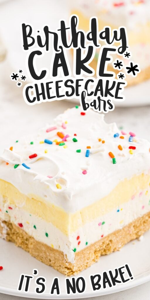 Large slices of birthday cake cheesecake bars showing the layers, with text overlay.