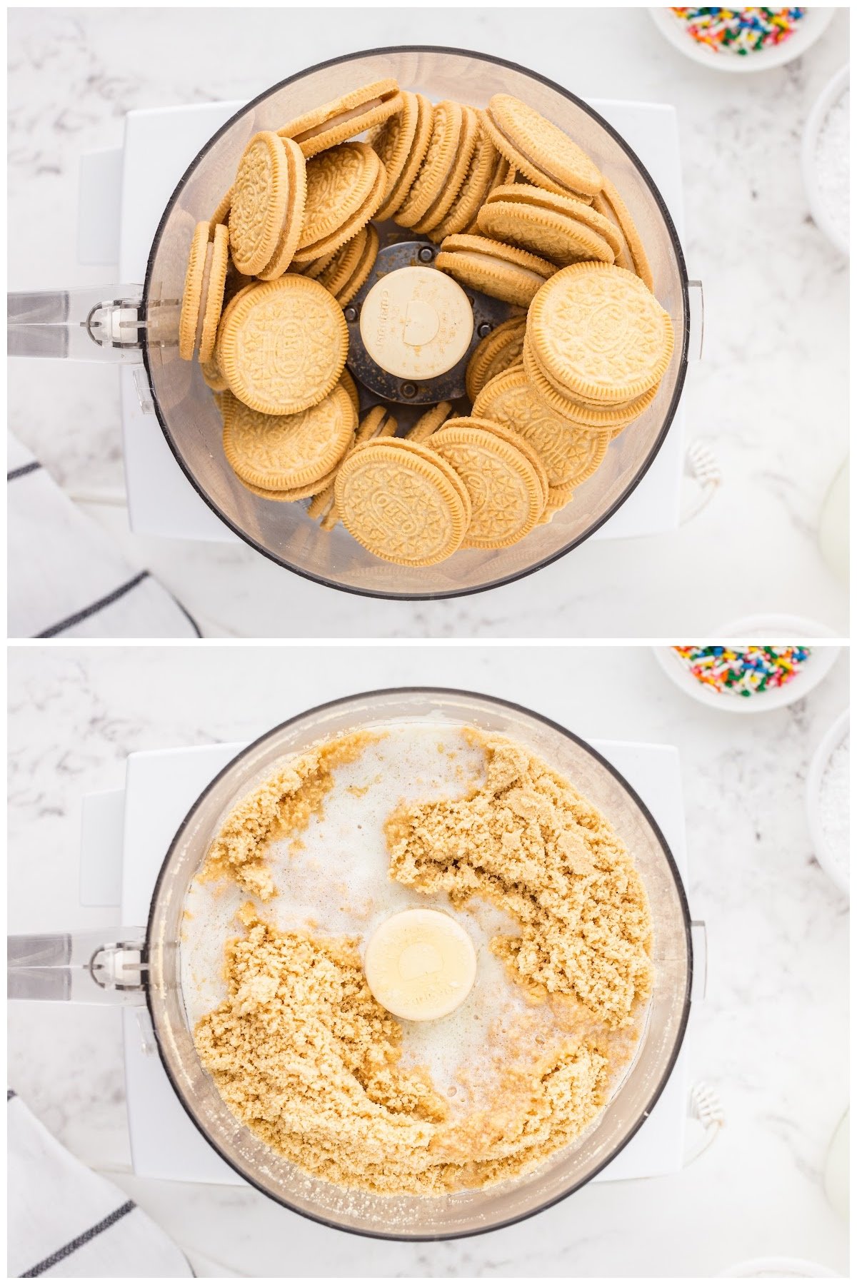 Two steps shown here to make the crust for the cake.  Vanilla cookies being crushed in a food processor and melted butter added after.