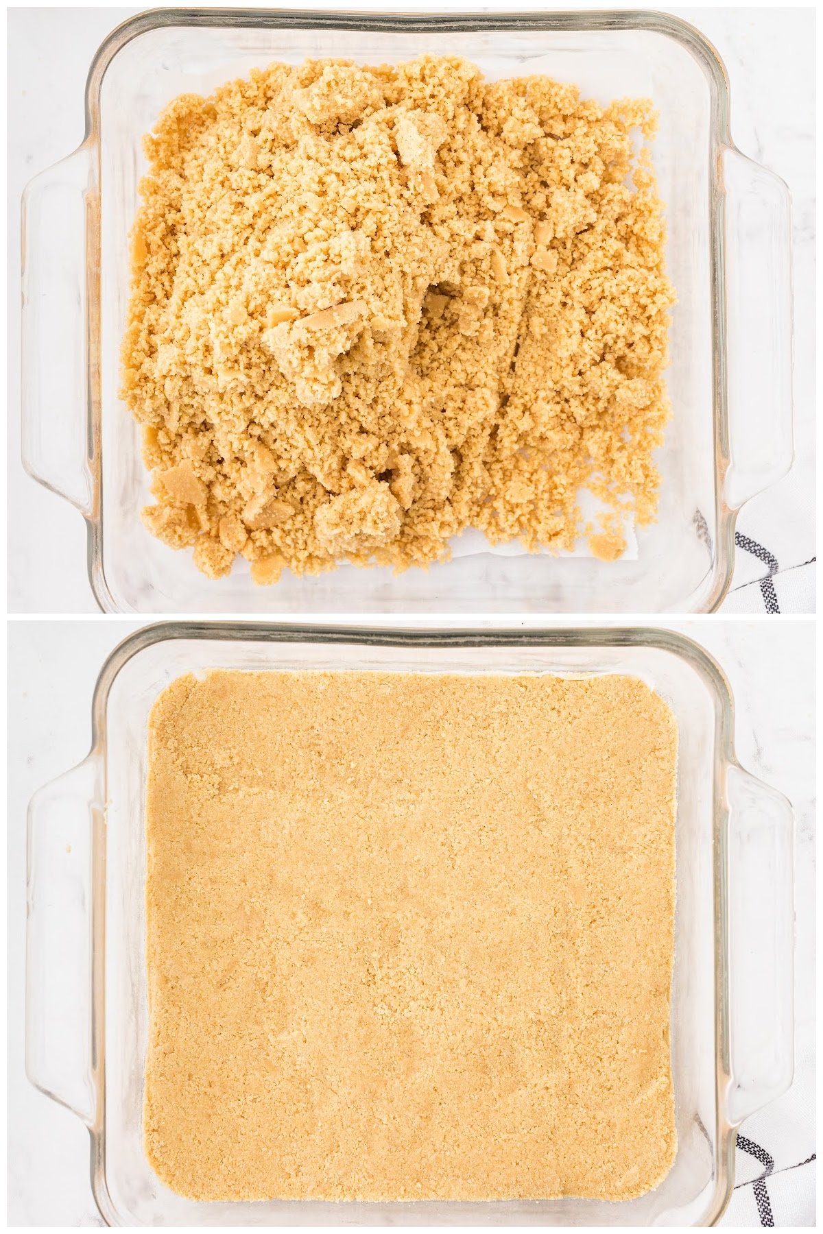 Two steps shown here, pouring the cookie crust into a baking dish and forming it.