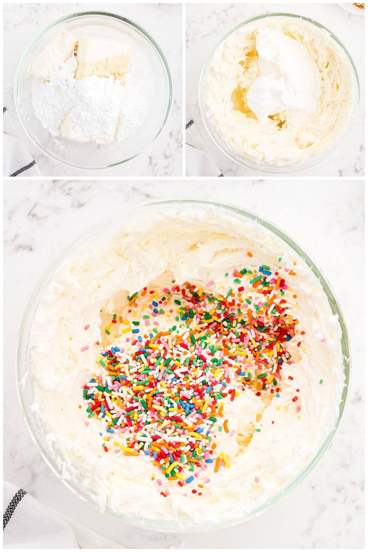 Mixing the cheesecake layer and adding in the colored sprinkles into the mixture.
