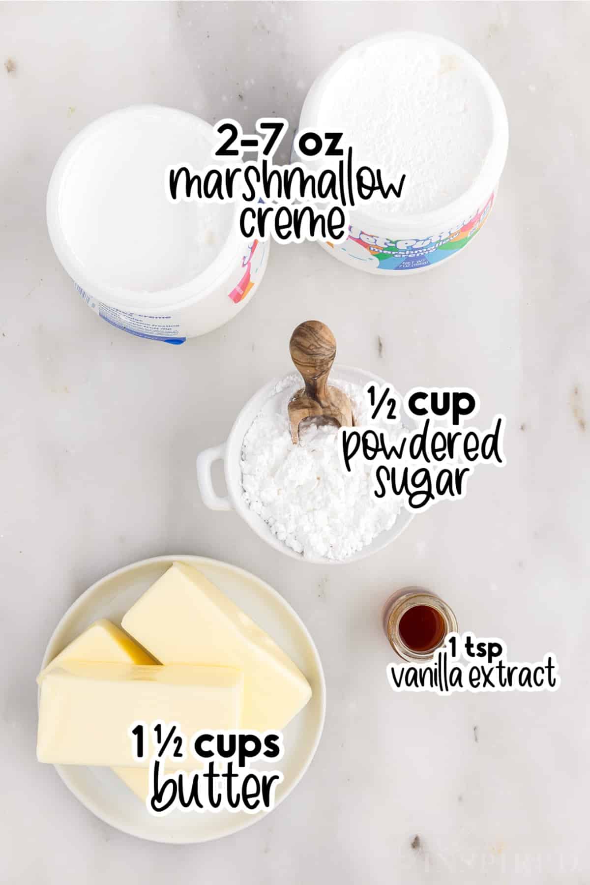 Ingredients needed to make Marshmallow Cream Frosting with text overlay.