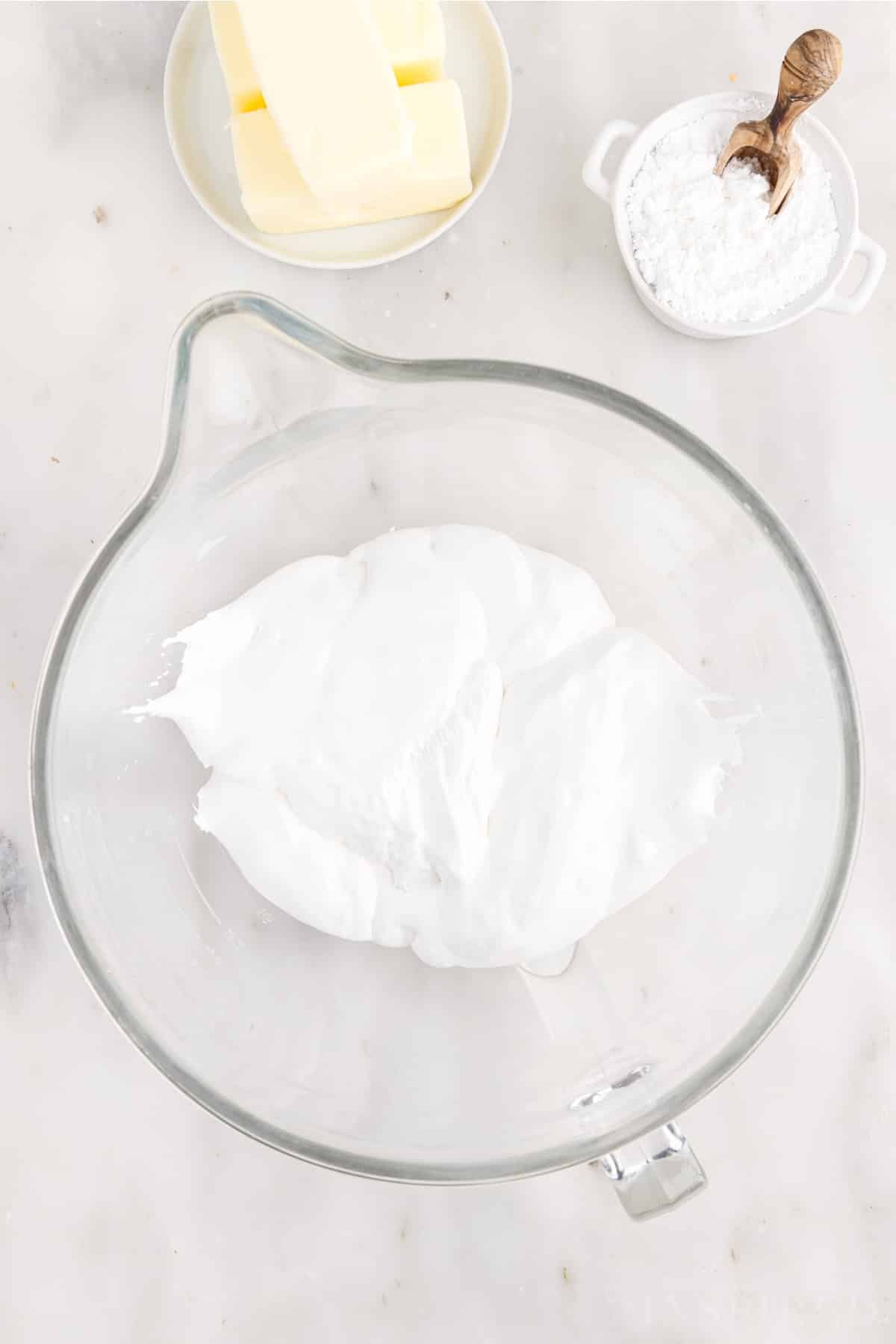 Marshmallow creme in a mixing bowl.