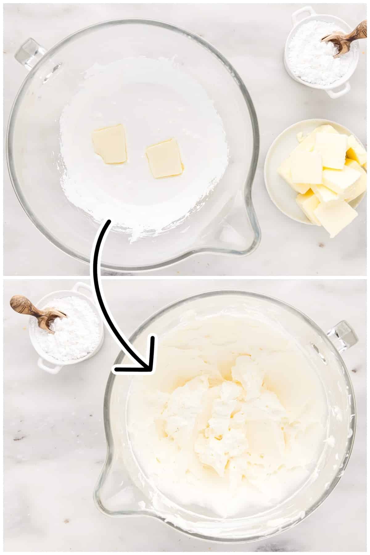 Two images of butter added to marshmallow creme and frosting being mixed.