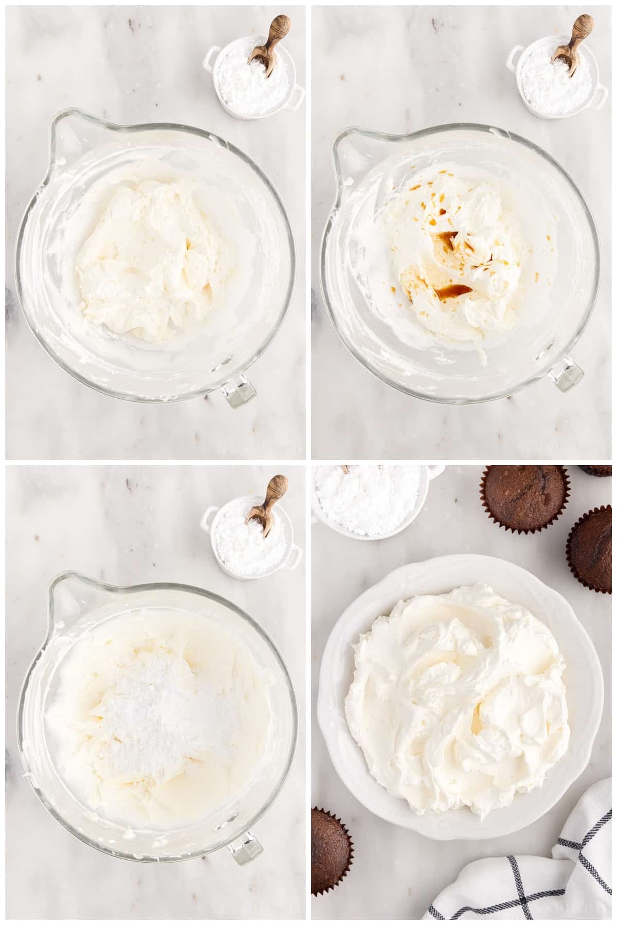 Four images of powdered sugar and vanilla being added to the cupcakes and mixed together.