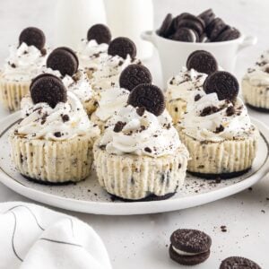 Mini Oreo Cheesecakes on a platter, decorated and ready to eat.