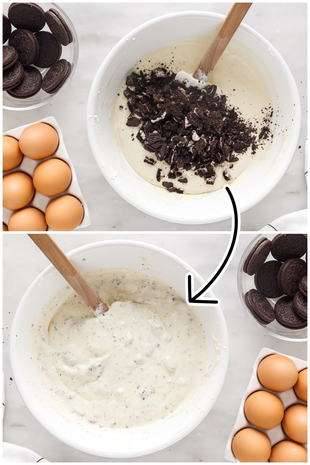Folding in chopped Oreo cookies into the cheesecake batter.