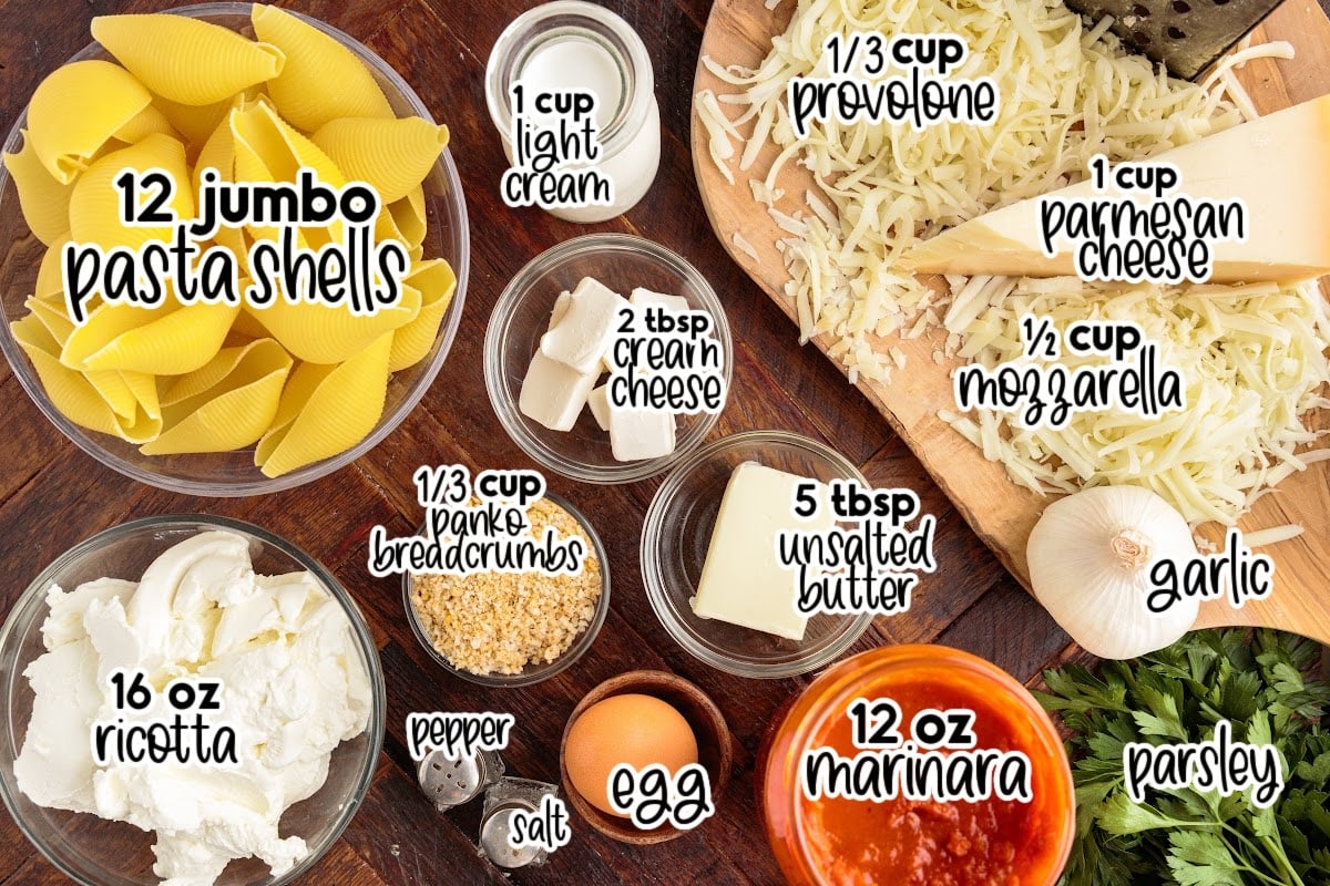 All ingredients layed out on the counter in bowls or a cutting board, ready to make this dish, with text overlays.