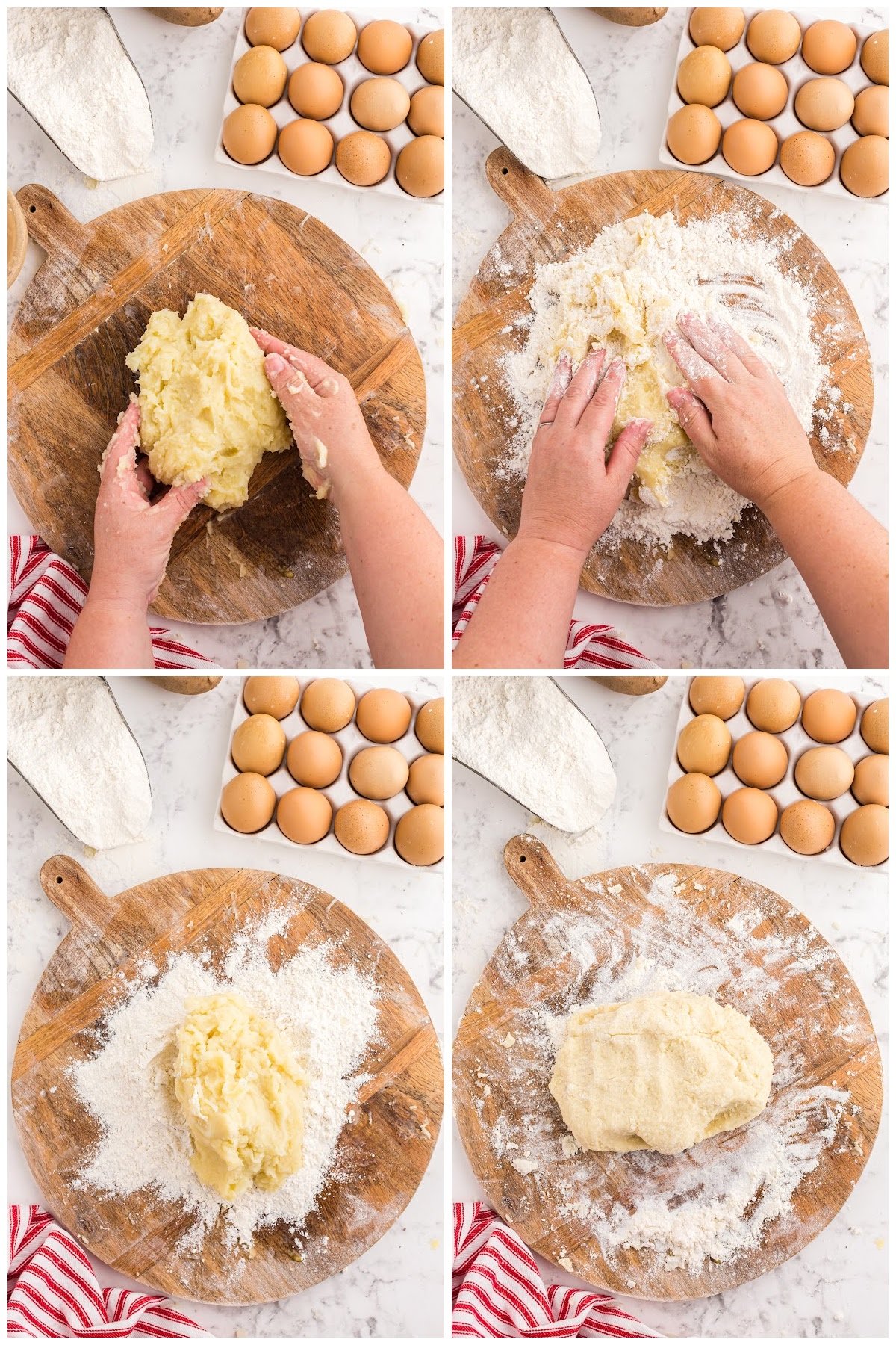 Making the potato gnocchi dough on a floured cutting board.