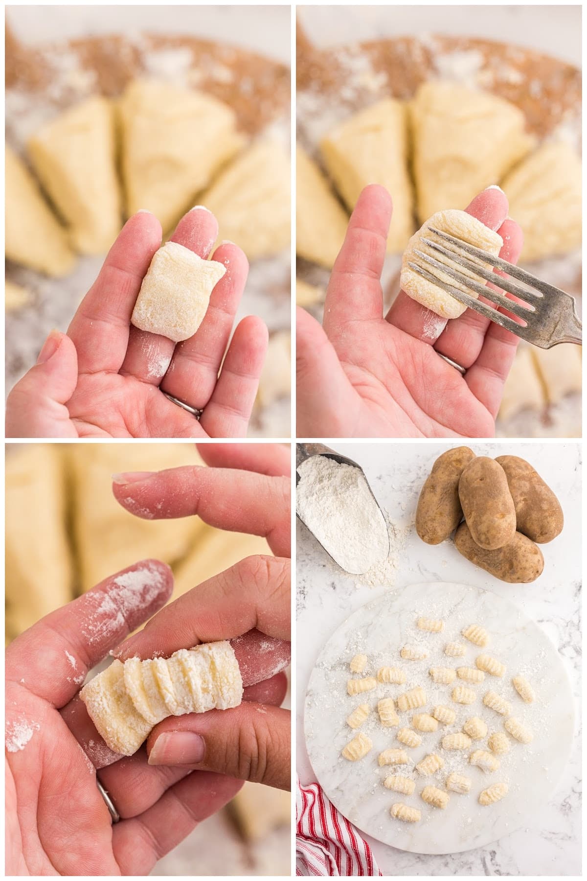 Using a fork to make indentions on the potato gnocchi.