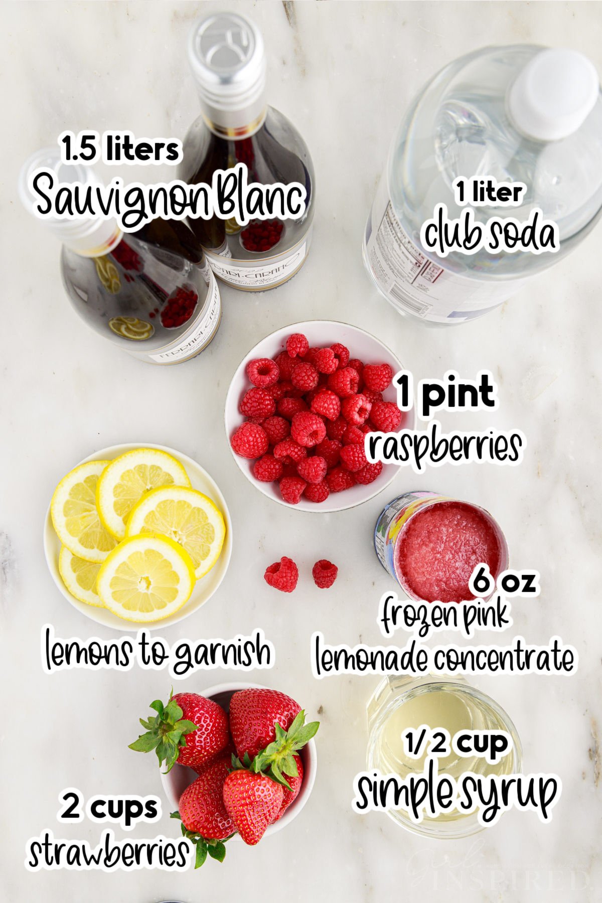 Individual ingredients for Strawberry Sangria with text labels.