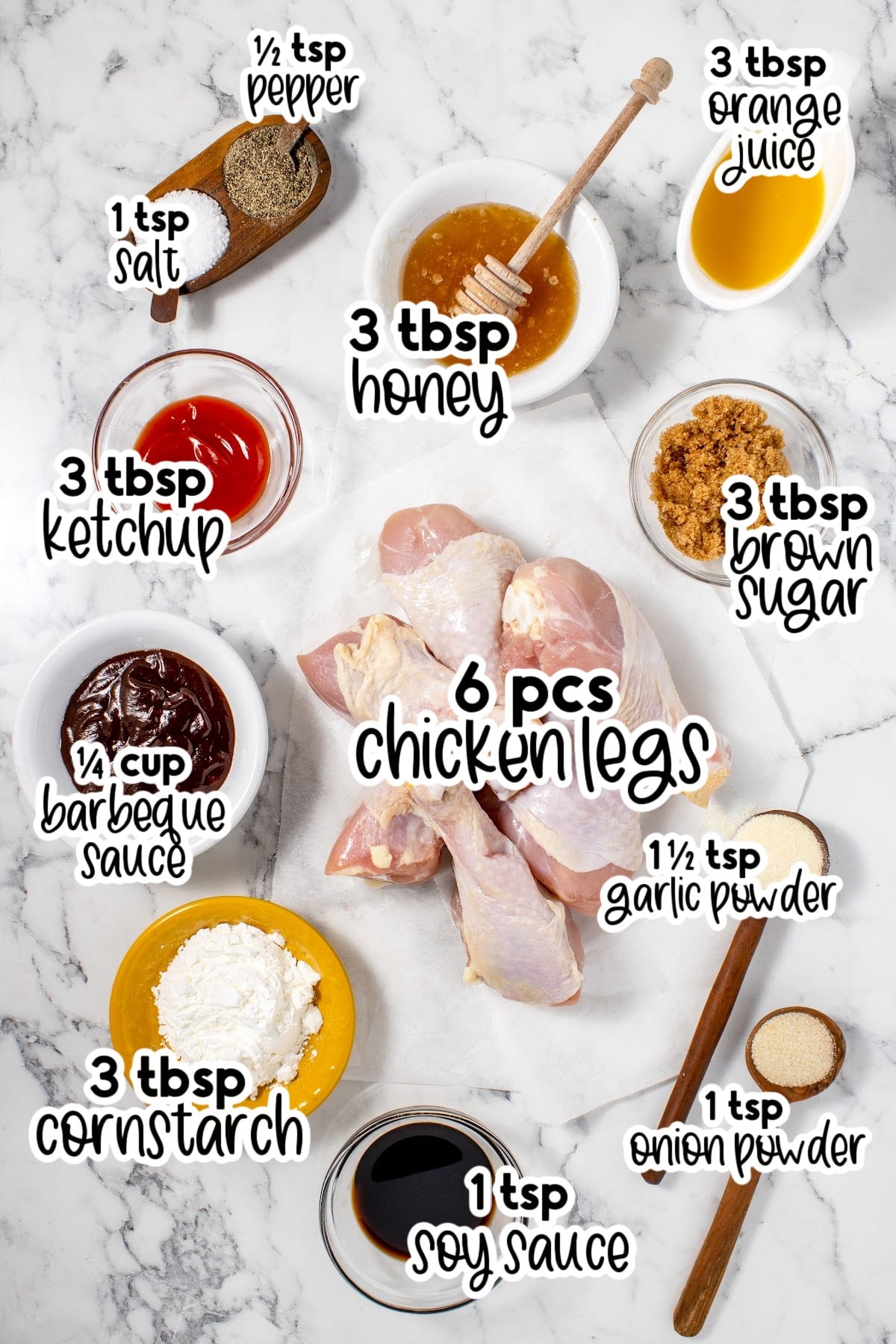 All ingredients on the countertop in small bowls and on a cutting board, with text overlays.