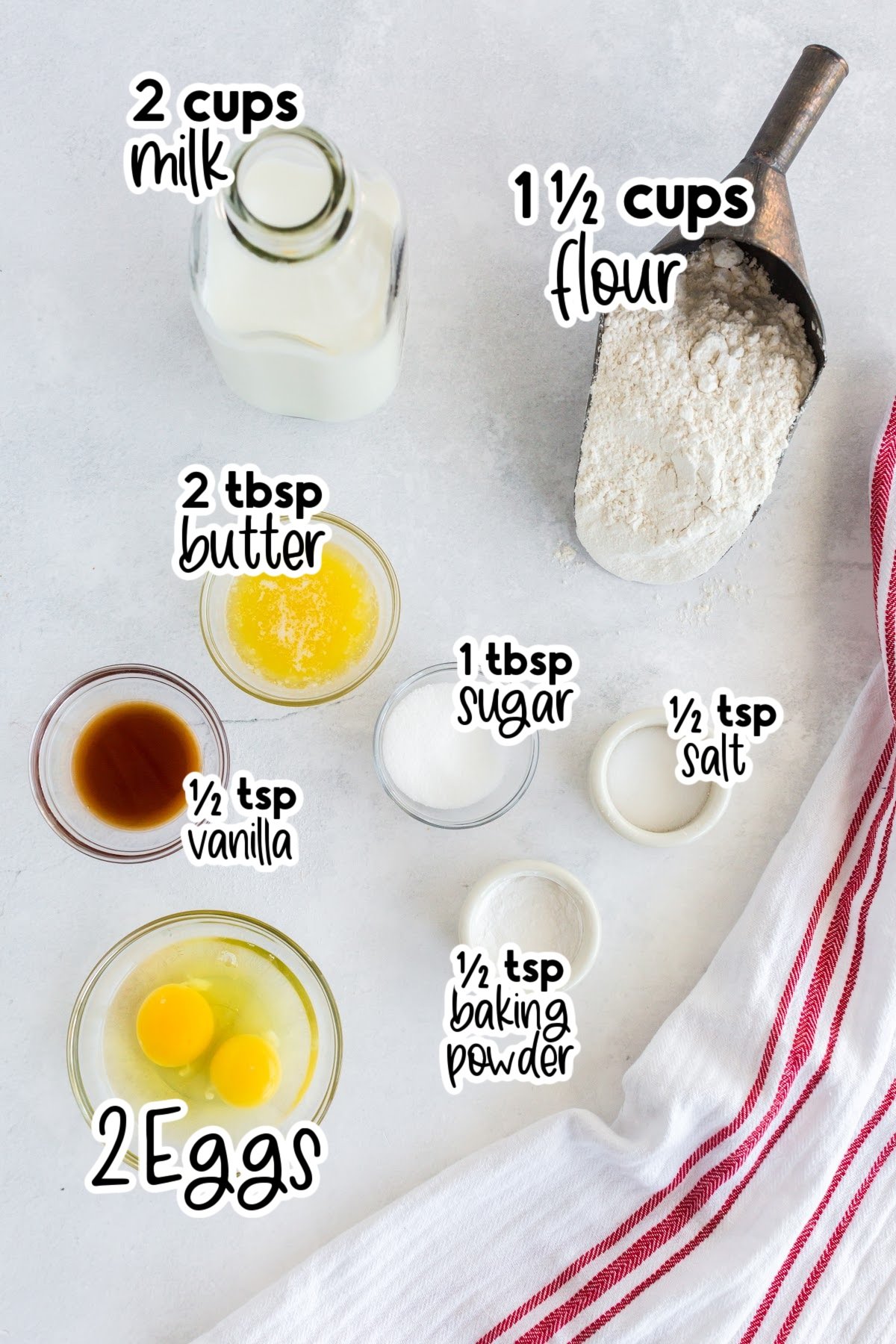 Ingredients needed to make breakfast crepes.