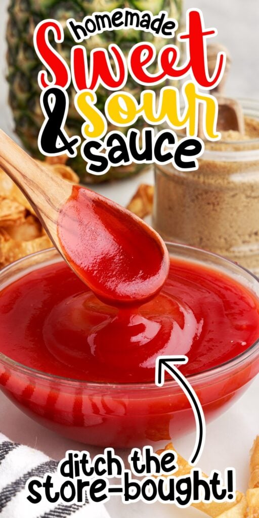 Bowl of Sweet and Sour Sauce, with a spoon scooping some out, with text overlay.