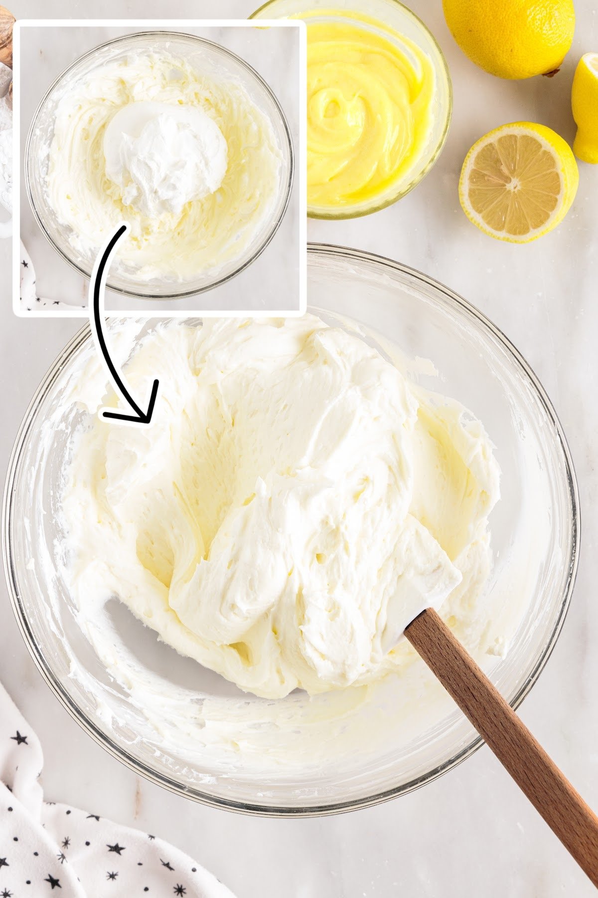 Mixing the whipped cream into the cream cheese mixture.