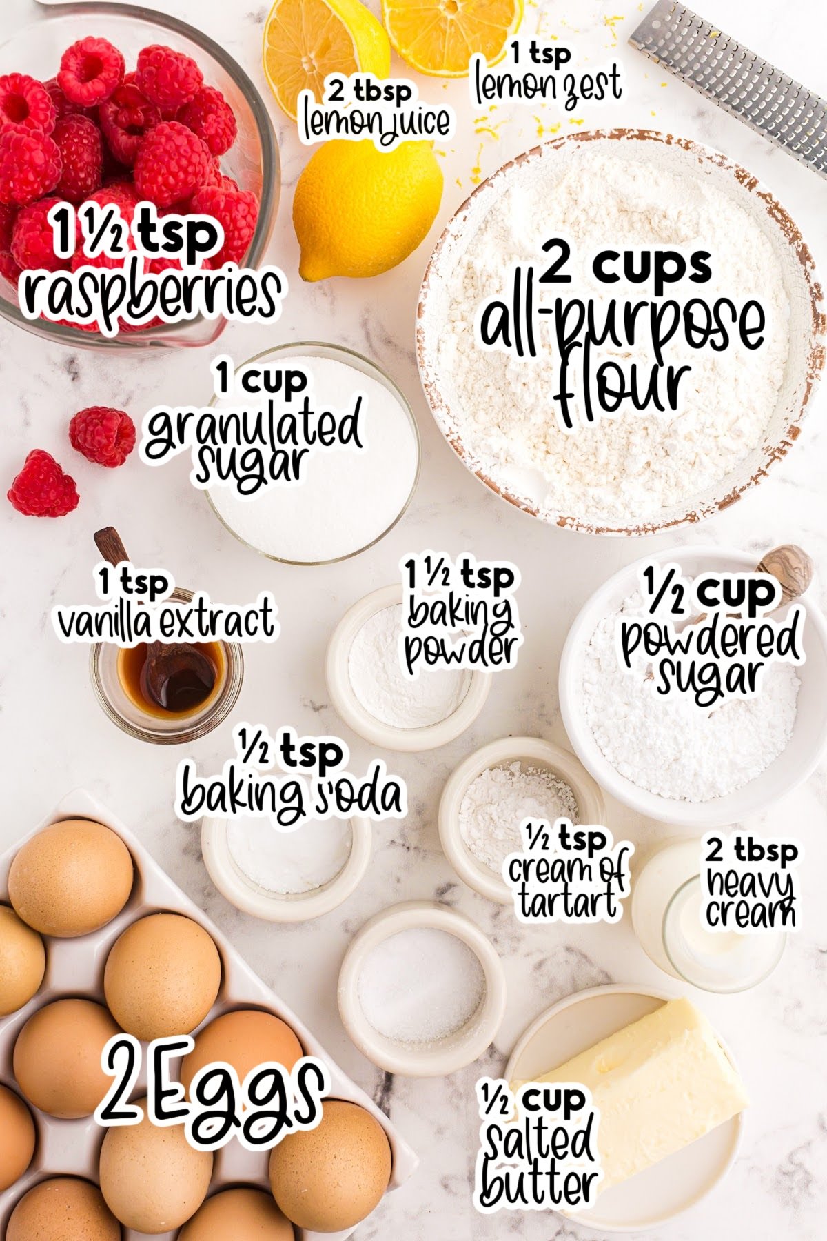 All ingredients layed out on the counter to make these cookies, with text overlays.