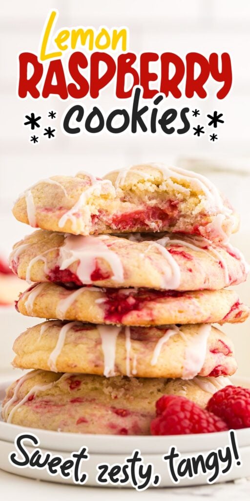 Lemon Raspberry cookies in a stack, showing the raspberry berries throughout, with text overlay.