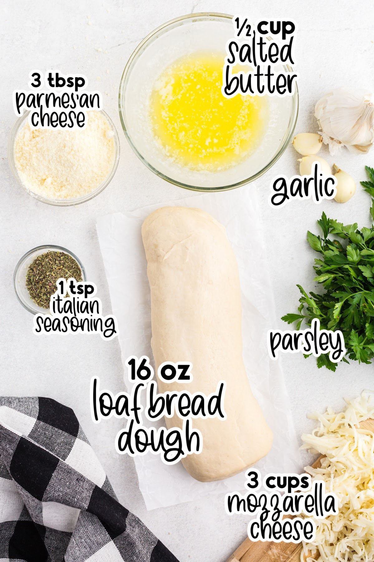 All ingredients layed out on the counter for ease in baking, with text overlay.