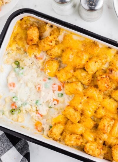 Baking dish with Tater tot chicken pot pie.