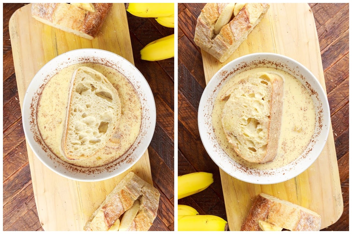 Dipping the banana stuffed bread into the egg mixture.