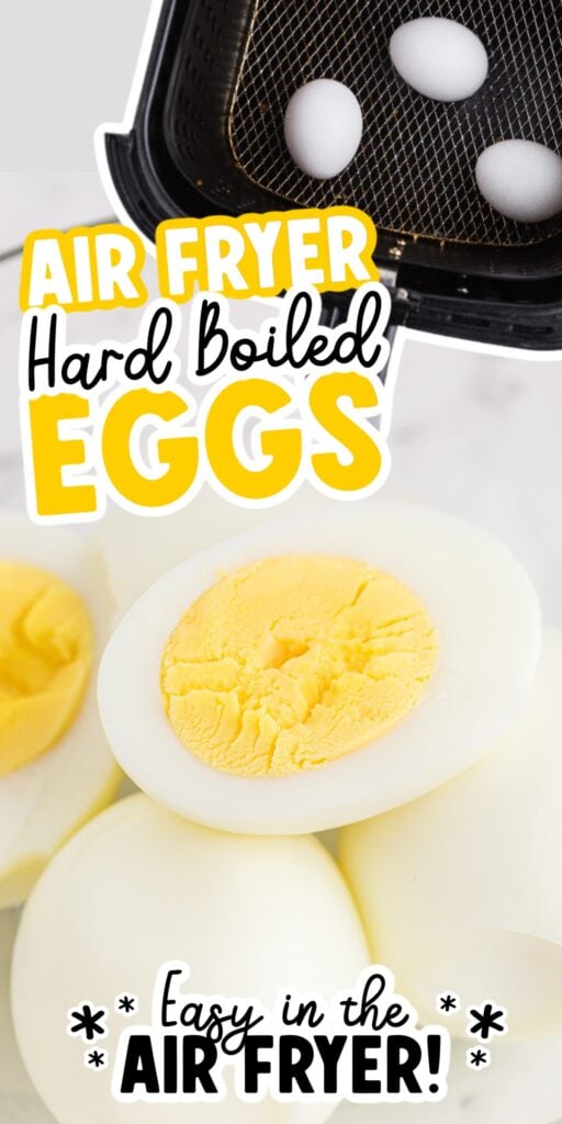 Bowl of Air Fryer Hard Boiled eggs, one cut open to see the yokes, with text overlay.