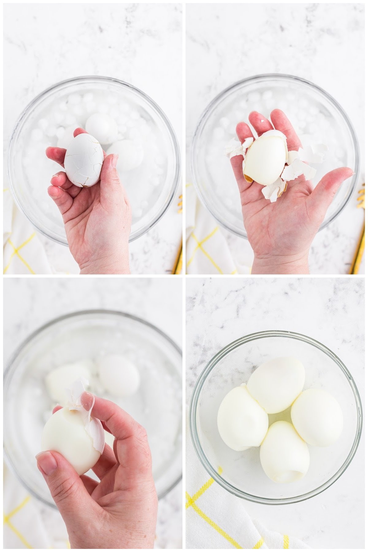 Four steps showing the eggs being peeled.