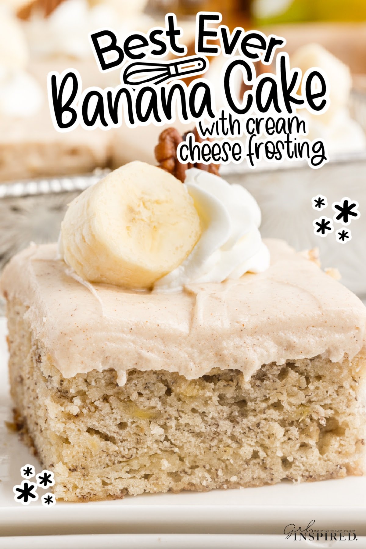 Slice of Banana Cake with cream cheese frosting, with text overlay.