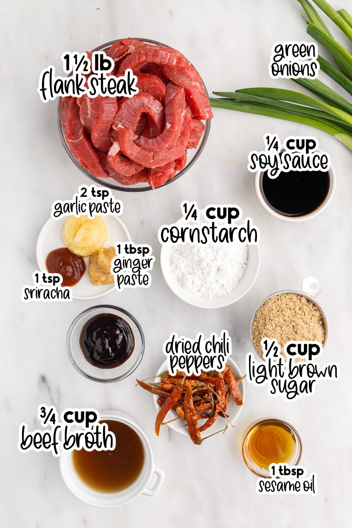 All ingredients layed out to make this dish in small bowls, with text overlays.