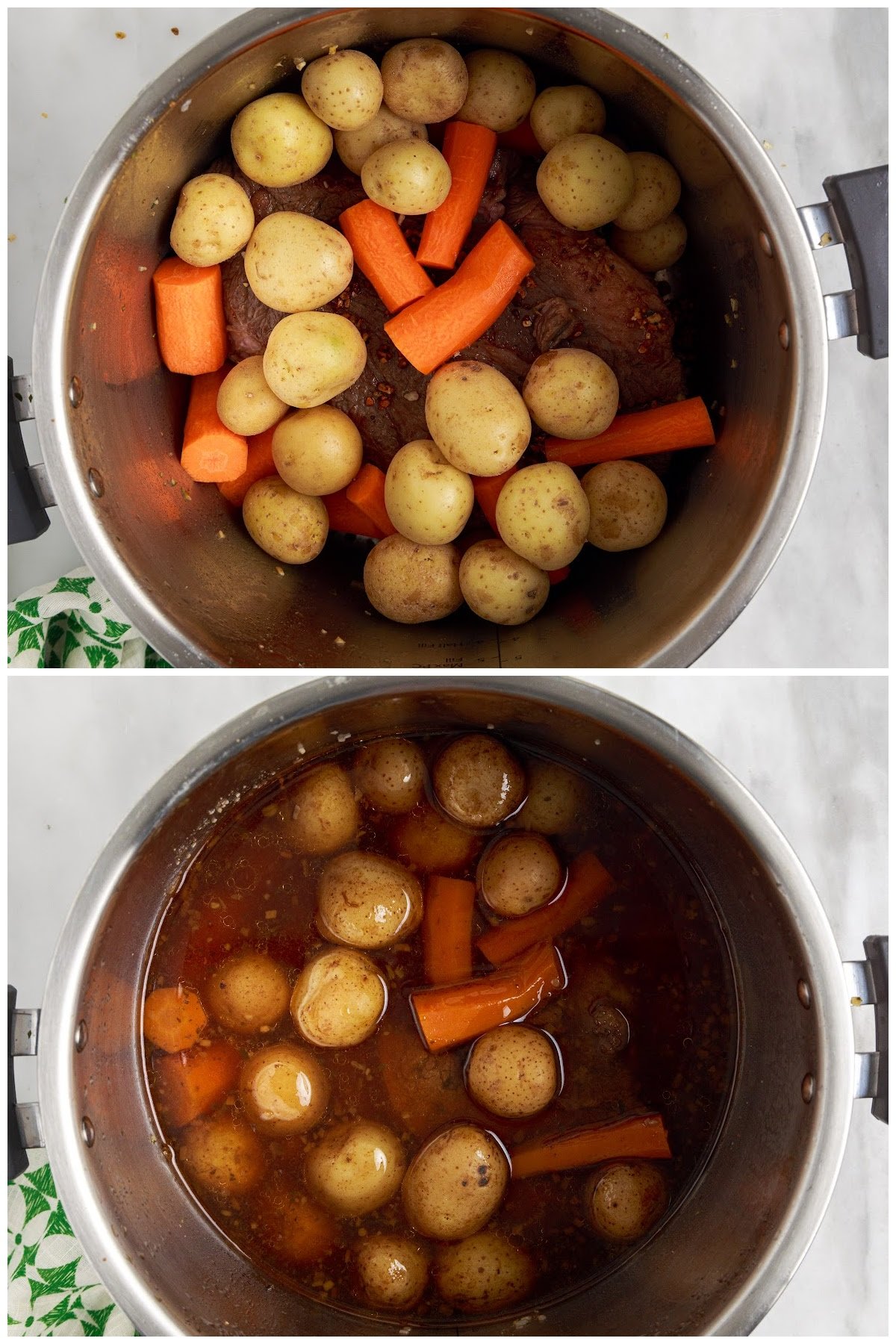 Adding the broth and veggies to the instant pot.