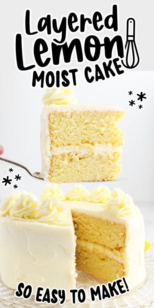 Slice of Lemon Layer Cake on a plate, with text overlay.