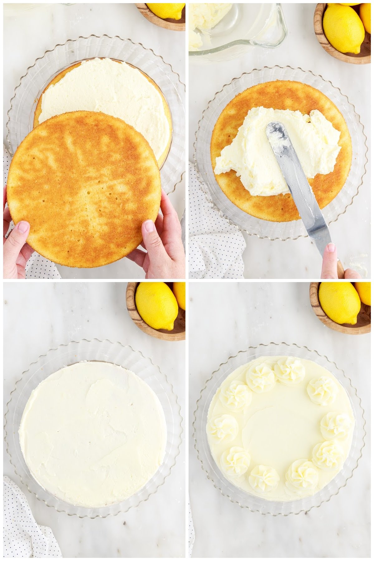 Four steps shown here to frost the cake.