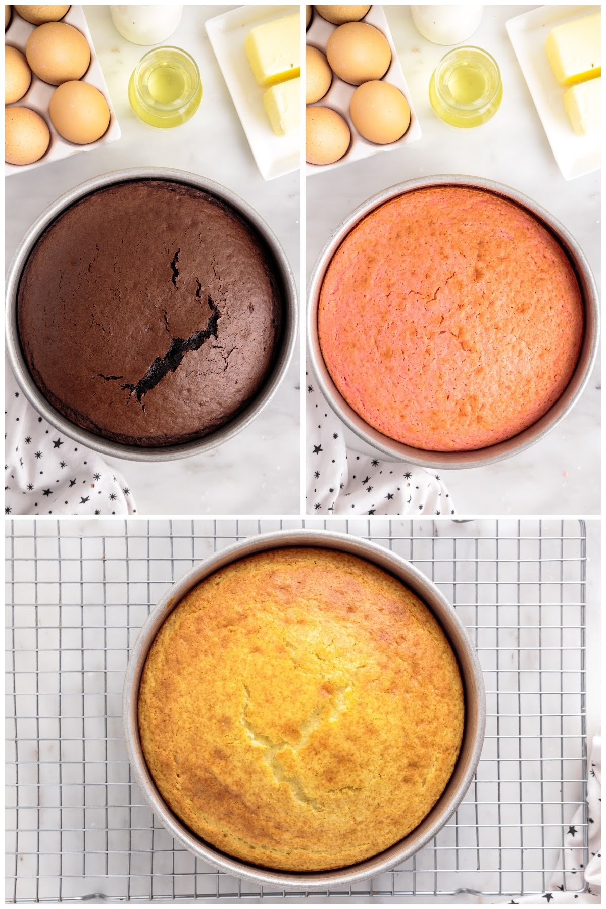 Three baked cakes, one of each flavor.