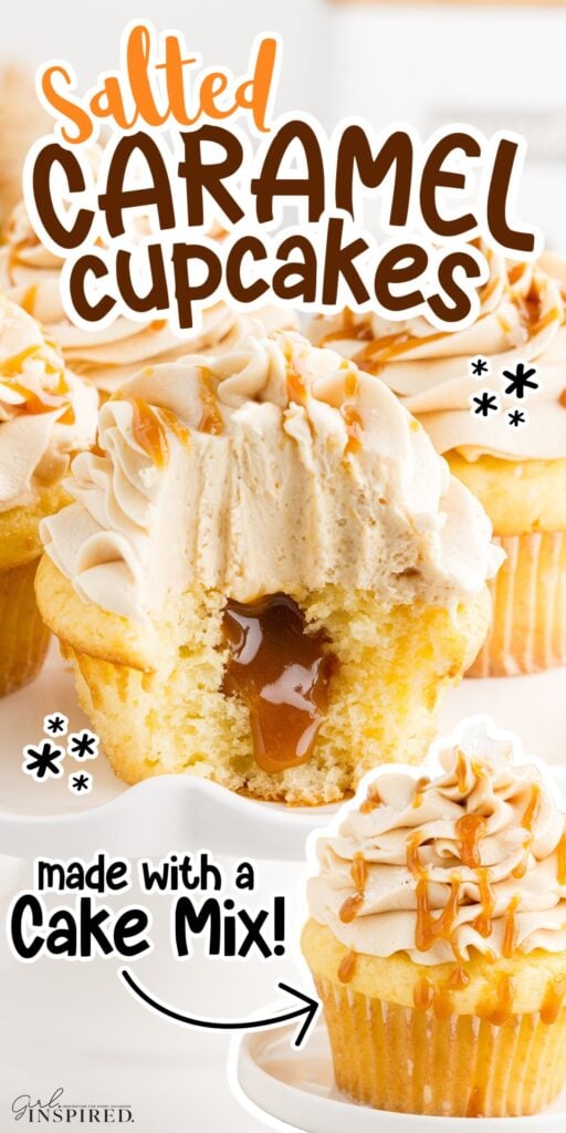 Salted Caramel Cupcakes on a plate, drizzled with caramel over the frosting, with a bite out of one showing the caramel insides.