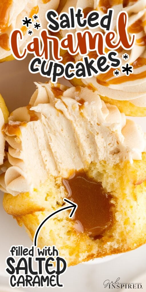 Salted Caramel Cupcakes on a plate, drizzled with caramel over the frosting, with a bite out of one showing the caramel insides.