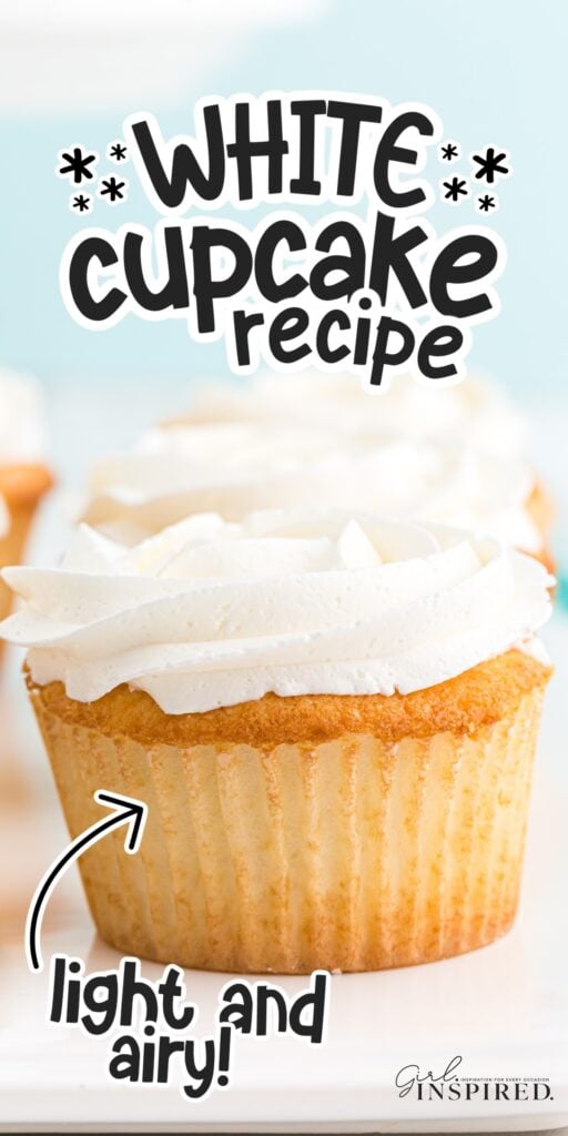 White Cupcake Recipe with white frosting and text overlay.