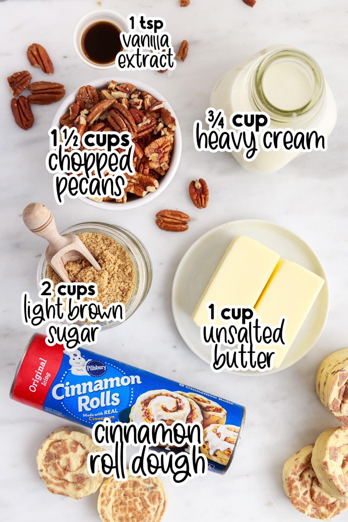 Ingredients needed to make caramel pecan cinnamon rolls.