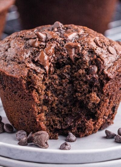 Close up of a Double Chocolate Muffin, with a bite taken out of it.