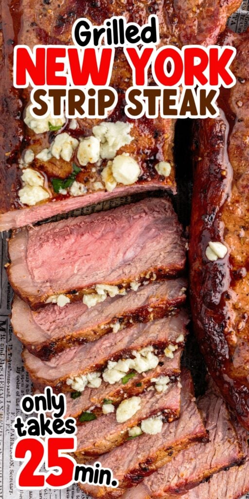 A sliced grilled New York strip steak.