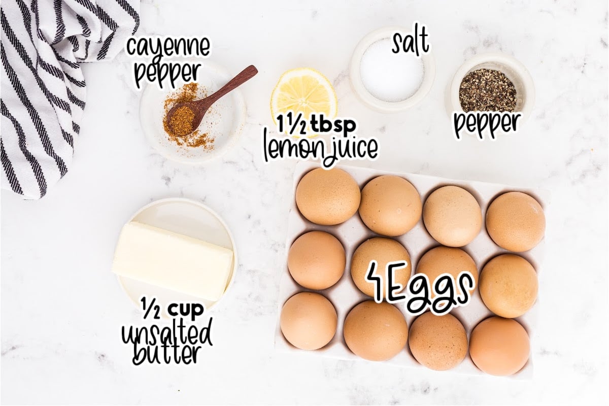 Ingredients needed to make hollandaise sauce in the food processor.