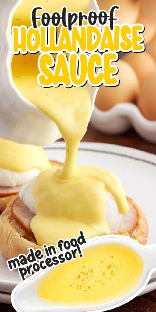Pouring homemade hollandaise sauce over eggs Benedict.