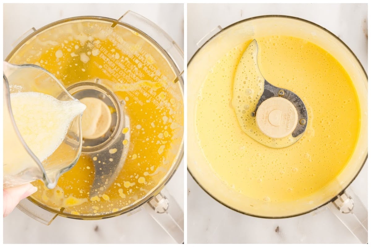 Slowly adding hot butter into the food processor with the eggs.
