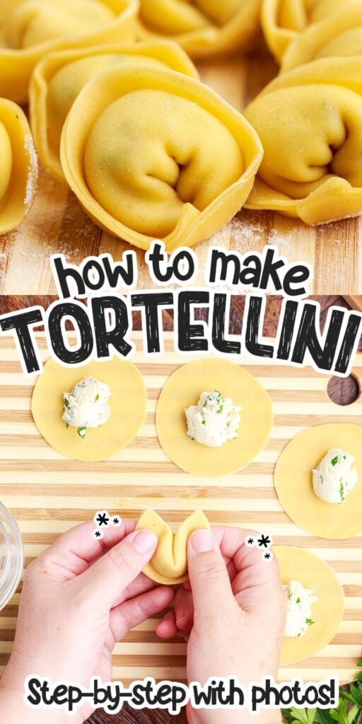 Homemade Tortellini on the counter, being filled with cheese and folding to make its shape.