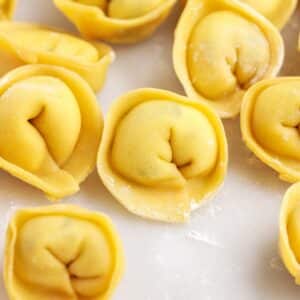 Homemade Tortellini laying on the counter.