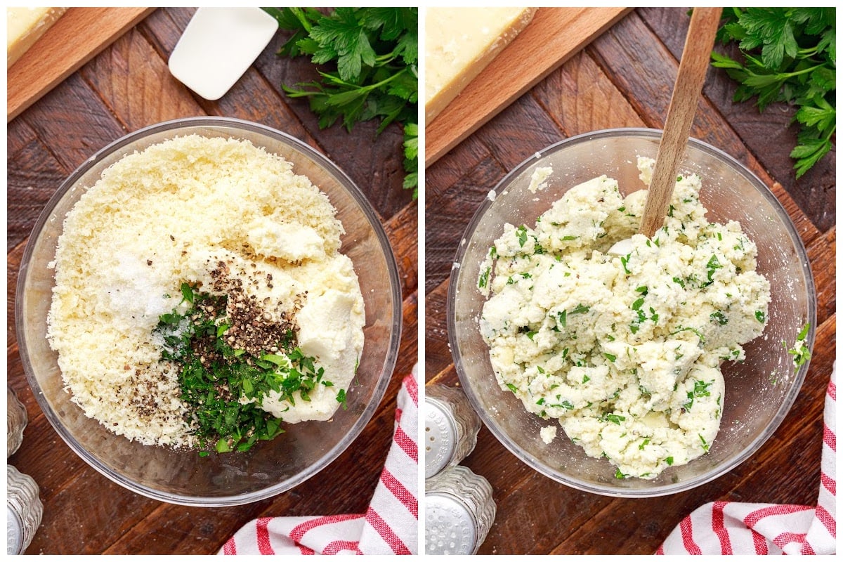 Mixing the cheese filling in a bowl.