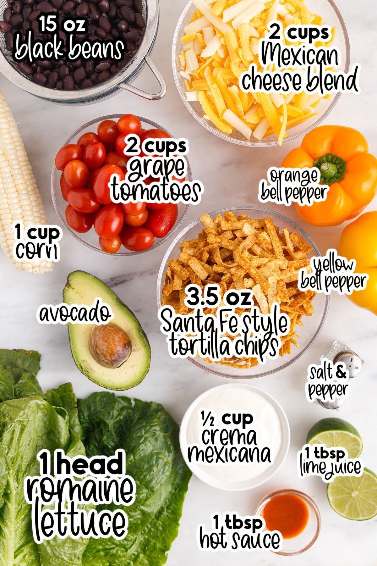 Ingredients needed to make layered Mexican salad.