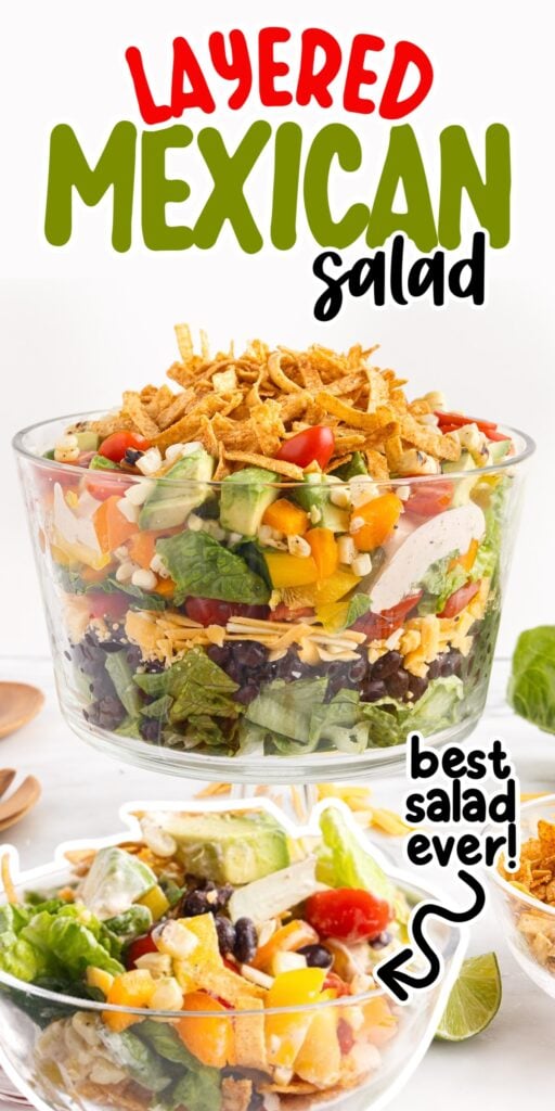 Layered Mexican salad in a large glass trifle bowl.