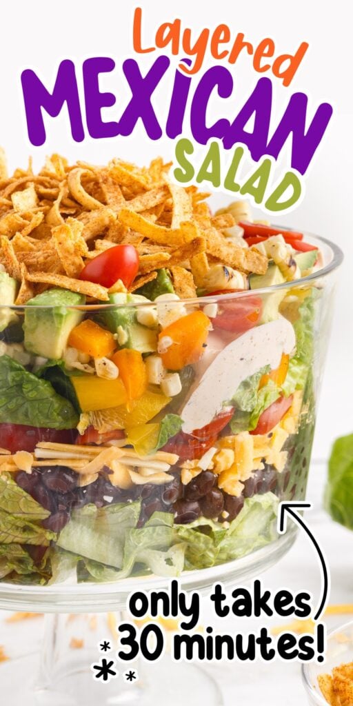 Quick Layered Mexican salad in a glass bowl.