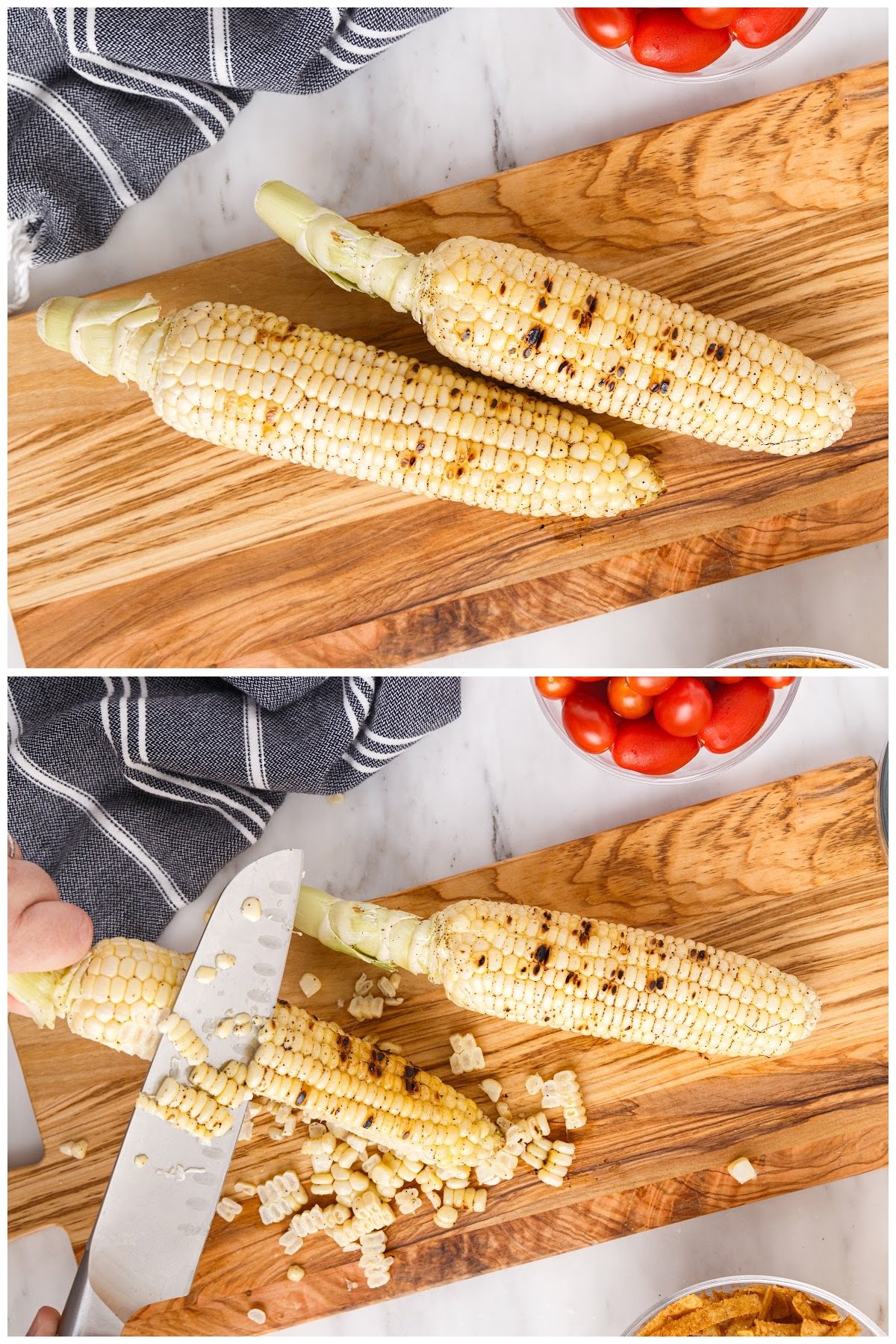 Taking the roasted corn kernels off the cob.