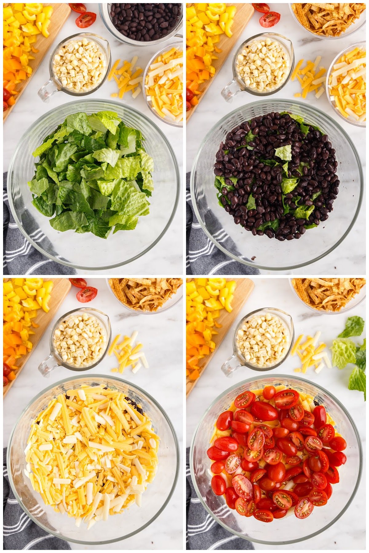 Assembling the layered Mexican salad in a large trifle bowl.