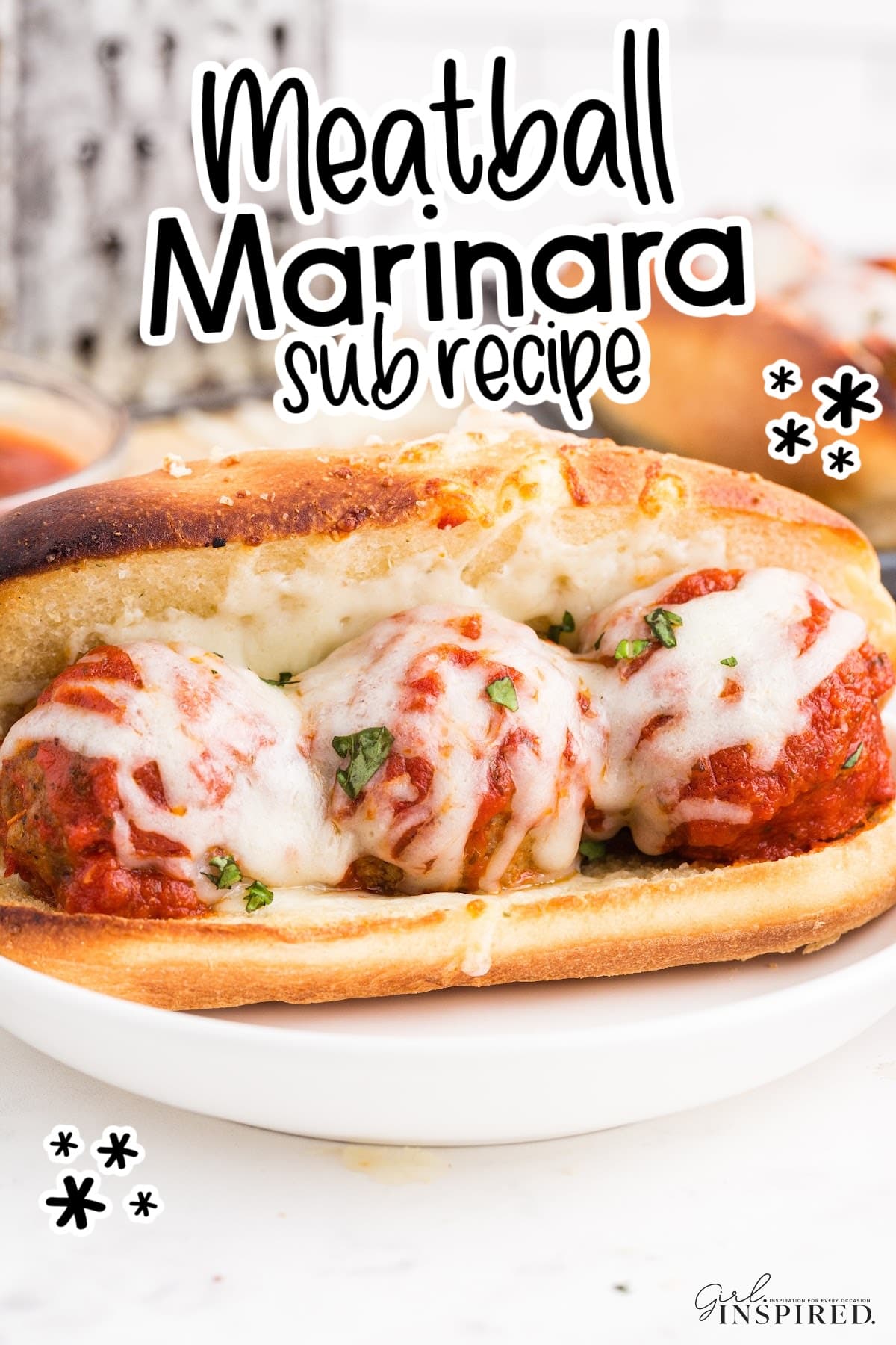 Meatball Marinara Sub openface, showing the meatballs and cheese inside, with text overlay.